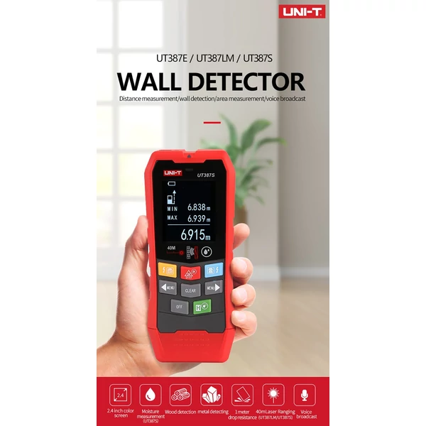 UNI-T UT387S fali érzékelő, acélhuzal/vízcső fémdetektor - falérzékelő funkció, tartomány- és nedvességmeghatározó funkció