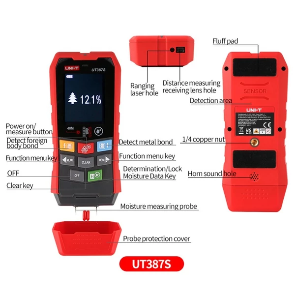 UNI-T UT387S fali érzékelő, acélhuzal/vízcső fémdetektor - falérzékelő funkció, tartomány- és nedvességmeghatározó funkció