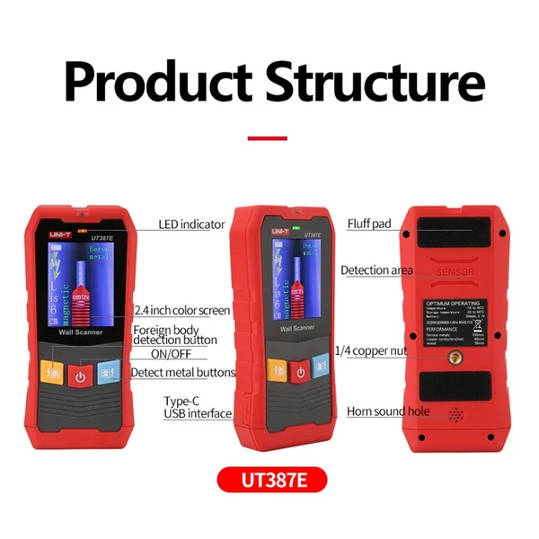 UNI-T UT387E falérzékelő, acélhuzal/vízcső fémdetektor - falérzékelő funkció