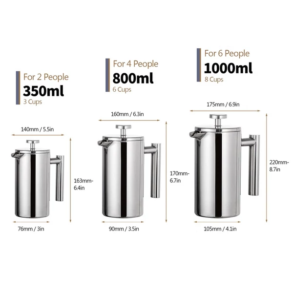 French Press kávéfőző rozsdamentes acél duplafalú szigetelt edény - 1000ml