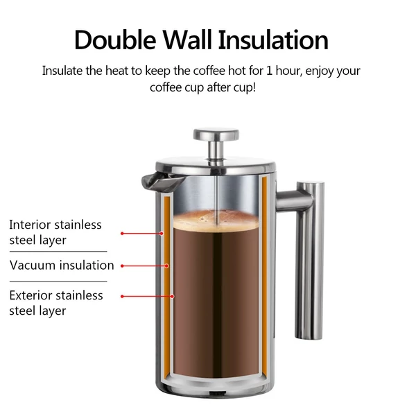 French Press kávéfőző rozsdamentes acél duplafalú szigetelt edény - 1000ml