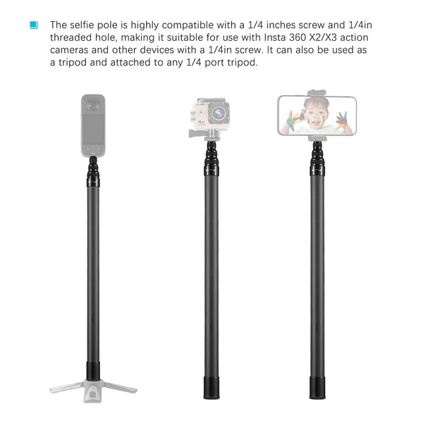 Andoer 2,1 méteres teleszkópos szelfi állvány, szénszálas 3 részes 1/4 hüvelykes csavarral, INSTA360 X2/X3 kompatibilis