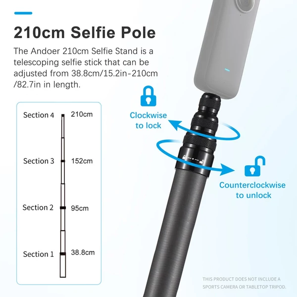 Andoer 2,1 méteres teleszkópos szelfi állvány, szénszálas 3 részes 1/4 hüvelykes csavarral, INSTA360 X2/X3 kompatibilis