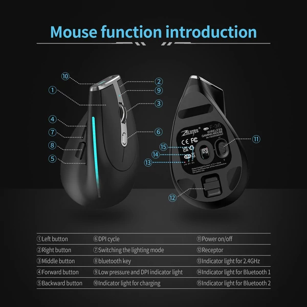 ZELOTES F-36 vezeték nélküli függőleges 2.4G Bluetooth játékegér színes fényű 8 programozható gombbal - Fekete