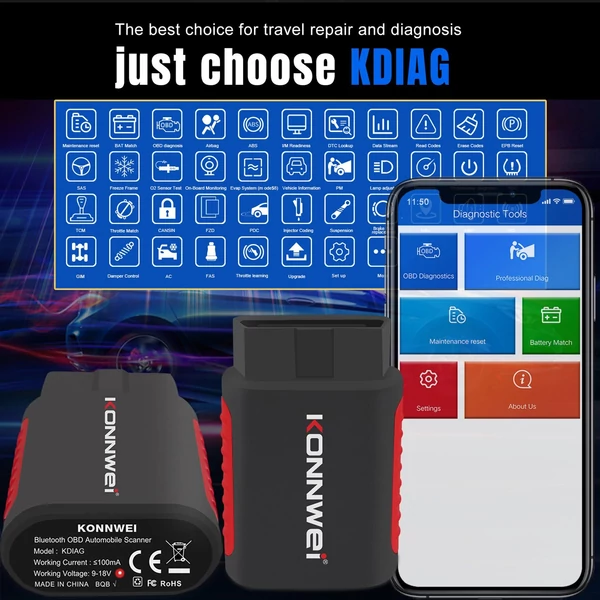 KONNWEI K DIAG OBDⅡ szkenner BT teljes rendszerű ABS SRS diagnosztikai eszköz alaphelyzetbe állítás-visszaállítással az ECM BCM SRS TCM BMS SAS légkondicionáló rendszerhez