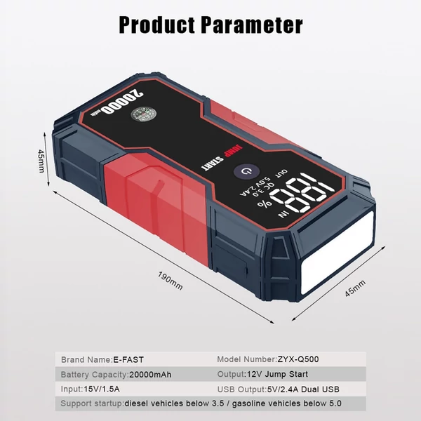 Hordozható autóindító 20000 mAh 12V autóakkumulátor indító (USB töltés)