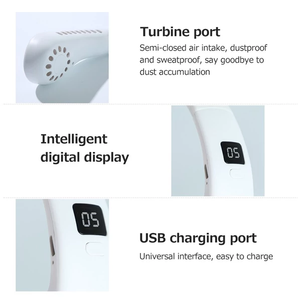 5 fokozatú USB-s nyaki, lapátnélküli ventilátor digitális kijelzővel, 2600 mAh kapacitással - Fehér