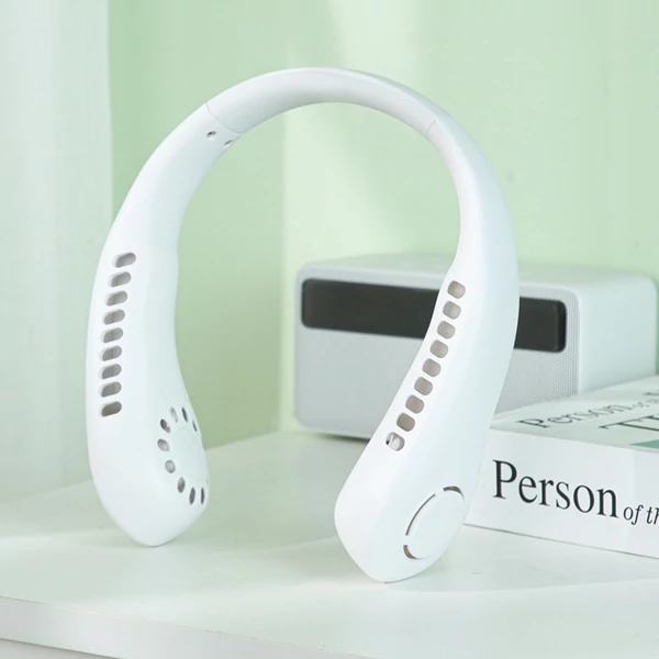5 fokozatú USB-s nyaki, lapátnélküli ventilátor digitális kijelzővel, 2600 mAh kapacitással - Fehér