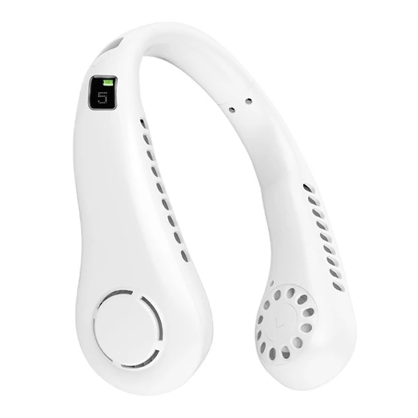 5 fokozatú USB-s nyaki, lapátnélküli ventilátor digitális kijelzővel, 2600 mAh kapacitással - Fehér