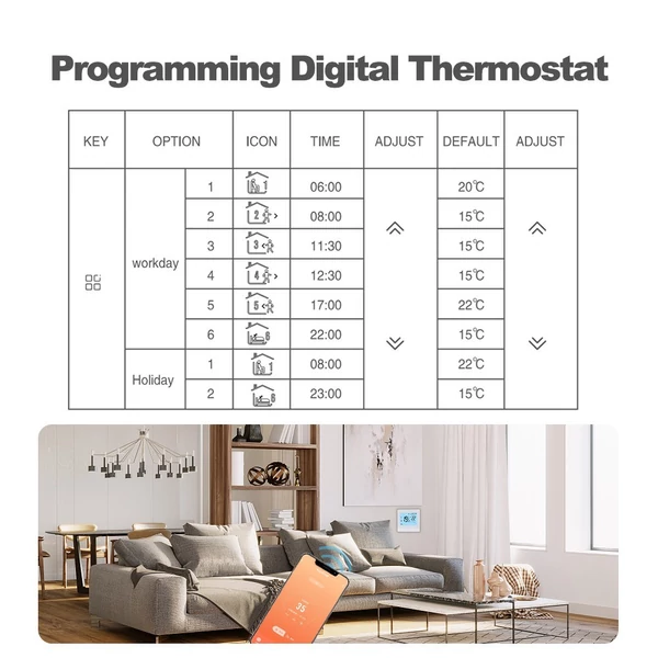 Intelligens Tuya WiFi termosztát digitális programozható LCD kijelzős hőmérséklet-szabályozó - Fehér, elektromos fűtéshez 16A