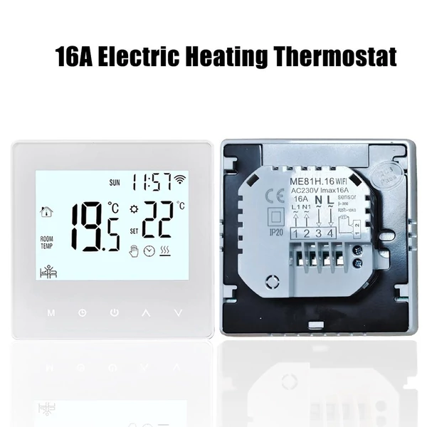 Intelligens Tuya WiFi termosztát digitális programozható LCD kijelzős hőmérséklet-szabályozó - Fehér, elektromos fűtéshez 16A
