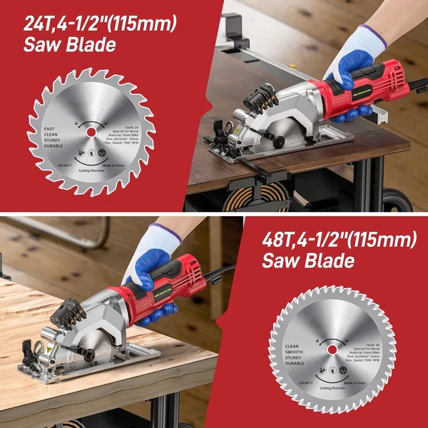 120V 580W 115MM mini körfűrész 24 és 48 TCT penge lézervezető fa PVC csővágáshoz