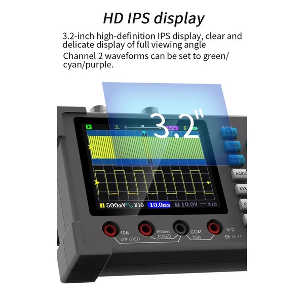 3 az 1-ben oszcilloszkópos multiméter jelgenerátor 3,2 hüvelykes IPS kijelző 120Mhz sávszélesség 250MSa/s mintavételi sebesség, kétcsatornás