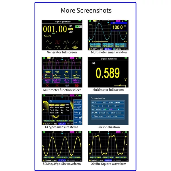 3 az 1-ben oszcilloszkópos multiméter jelgenerátor 3,2 hüvelykes IPS kijelző 120Mhz sávszélesség 250MSa/s mintavételi sebesség, kétcsatornás