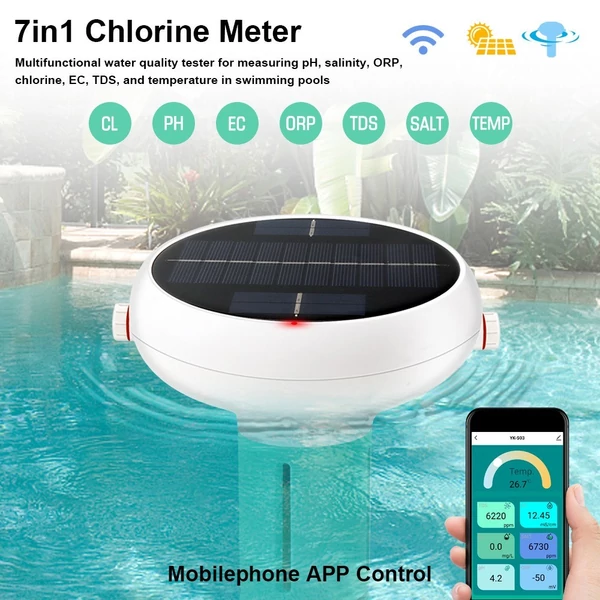WiFi Intelligens 7 az 1-ben PH ORP EC Összes oldott szilárdanyag sótartalom Hőmérséklet Klór teszt mérő úszómedence víztesztelő online elemző napenergiával működő