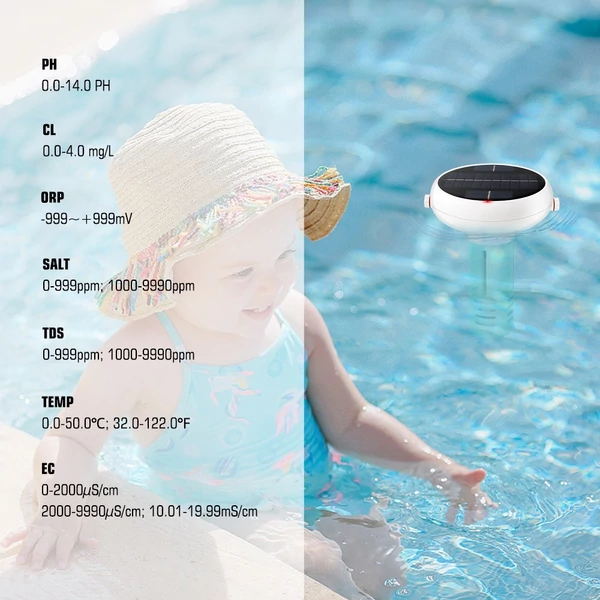WiFi Intelligens 7 az 1-ben PH ORP EC Összes oldott szilárdanyag sótartalom Hőmérséklet Klór teszt mérő úszómedence víztesztelő online elemző napenergiával működő