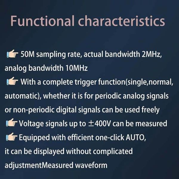 Kompakt hordozható digitális oszcilloszkóp 50M mintavételezési frekvencia 10m analóg sávszélesség Lissajous minták 6A áram hullámforma mérés kétcsatornás - host + USB kábel + 2db nagyfeszültségű szonda