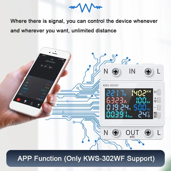 Tuya WiFi 8 az 1-ben teljesítménymérő színes képernyő 2P AC 170-270V/63A feszültség- és árammérő szabványos sínre szerelhető (áramkimaradás védő funkció nélkül)