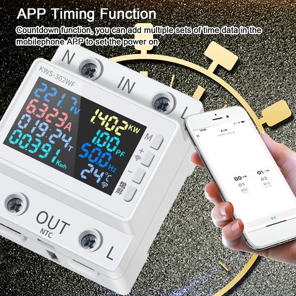 8 az 1-ben teljesítménymérő színes képernyő 2P AC 170-270V/63A feszültség- és árammérő szabványos sínre szerelhető (áramkimaradás védő funkcióval)