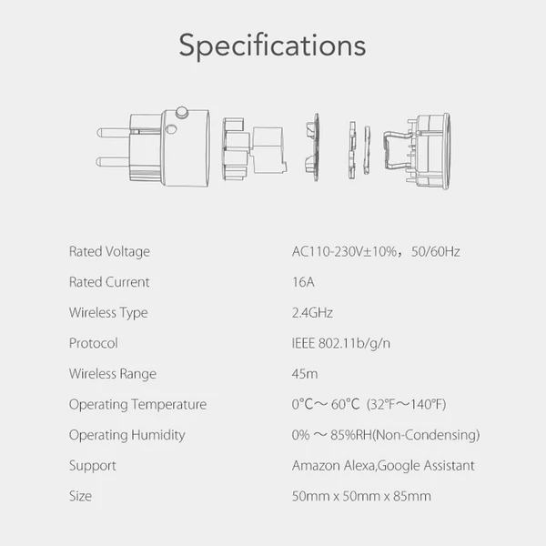 Tuya WiFi intelligens tápcsatlakozó otthoni automatizálás, 16 A-es teljesítménymérő alkalmazásvezérlés Alexa és Google Home rendszerrel