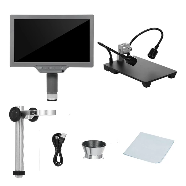 Digitális mikroszkóp 10,1 hüvelykes IPS képernyős TV-vel elektronikus javító érmemikroszkóphoz IR távirányítóval, USB-kábellel, talppal és fém konzollal