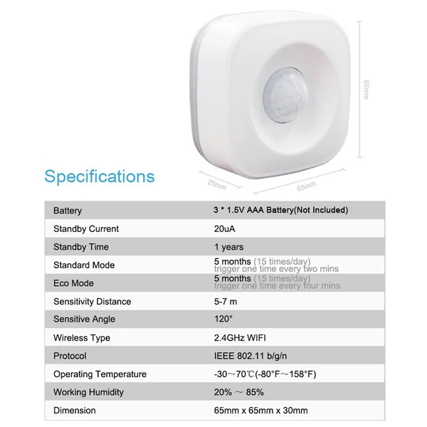 Tuya WiFi PIR mozgásérzékelő riasztó 2,4 GHz vezeték nélküli emberi test infravörös érzékelő 120° széles látószögű