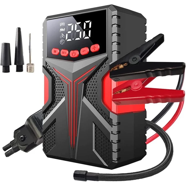 Többfunkciós indítómotor 1500 A Peaks akkumulátor-erősítő tápegységgel és 150 PSI digitális gumiabroncs-felfújó LED-es fényű Power Bank funkcióval (intelligens klip)