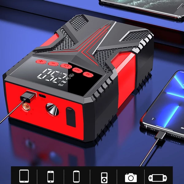 Többfunkciós indítómotor 2000 A Peaks akkumulátor-erősítő tápegységgel és 150 PSI digitális gumiabroncs-felfújó LED-es fényű Power Bank funkcióval (intelligens klip)