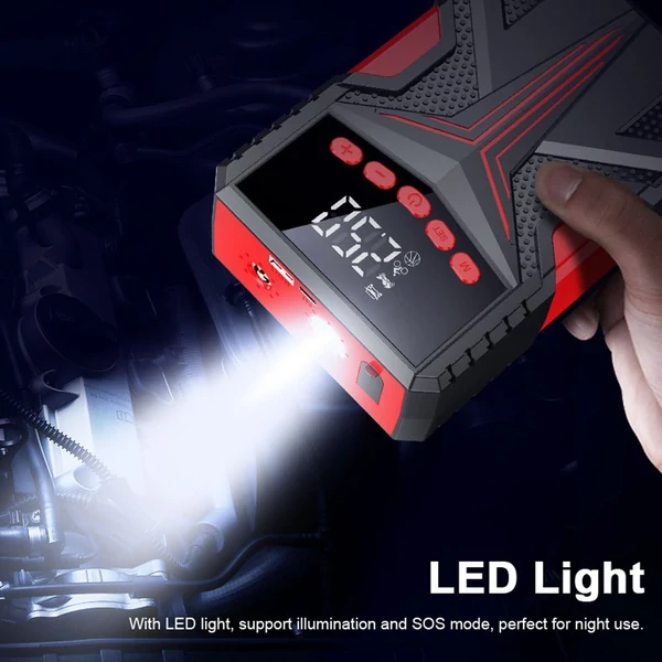 Többfunkciós indítómotor 2000 A Peaks akkumulátor-erősítő tápegységgel és 150 PSI digitális gumiabroncs-felfújó LED-es fényű Power Bank funkcióval (intelligens klip)