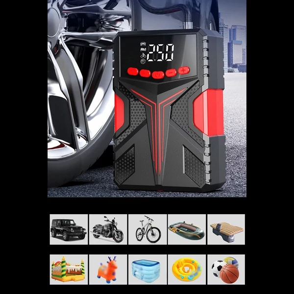 Többfunkciós indítómotor 2000 A Peaks akkumulátor-erősítő tápegységgel és 150 PSI digitális gumiabroncs-felfújó LED-es fényű Power Bank funkcióval (intelligens klip)