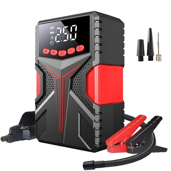 Többfunkciós indítómotor 2000 A Peaks akkumulátor-erősítő tápegységgel és 150 PSI digitális gumiabroncs-felfújó LED-es fényű Power Bank funkcióval (intelligens klip)
