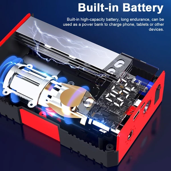 Többfunkciós indítómotor 2000 A Peaks akkumulátor-erősítő tápegységgel és 150 PSI digitális gumiabroncs-felfújó LED-es fényű Power Bank funkcióval (intelligens klip)