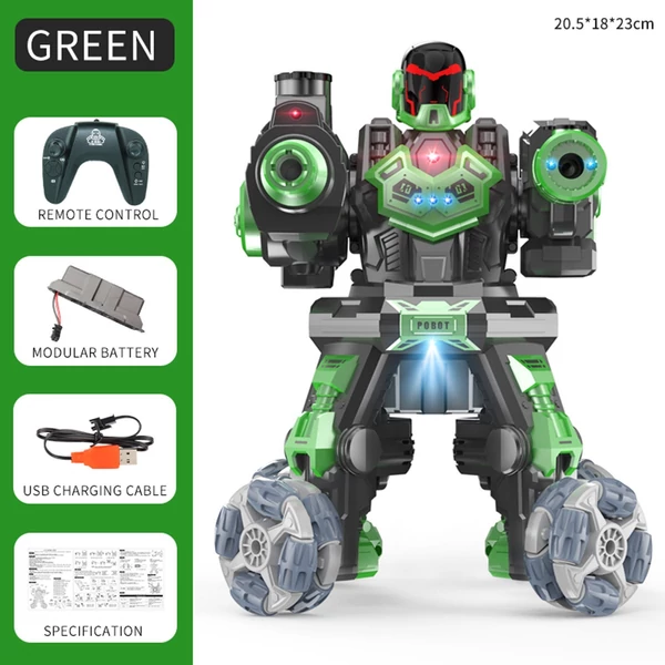 JC09 2,4G távirányítós robot négykerék-meghajtású vízbomba spray-robot játék fényzenével (1 távirányító) - Zöld
