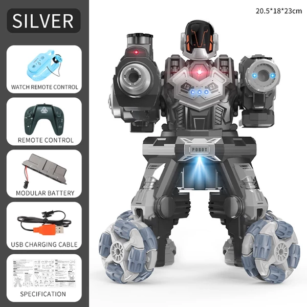 JC09 2,4G távirányítós robot négykerék-meghajtású vízbomba spray-robot játék fényzenével (2 távirányító) - Ezüst