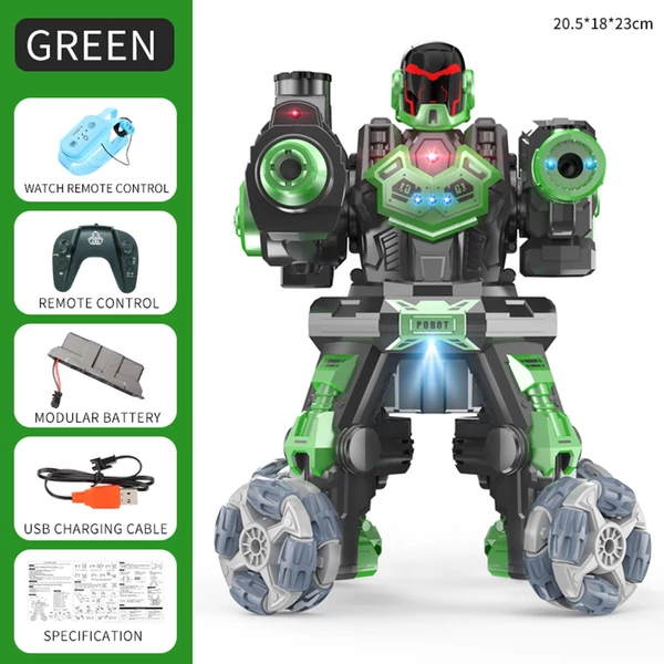 JC09 2,4G távirányítós robot négykerék-meghajtású vízbomba spray-robot játék fényzenével (2 távirányító) - Zöld