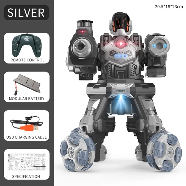 JC09 2,4G távirányítós robot négykerék-meghajtású vízbomba spray-robot játék fényzenével (1 távirányító) - Ezüst