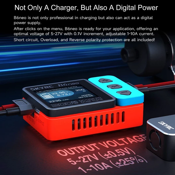 SkyRC B6neo Intelligens töltő DC 200W 10A PD 80W LiPo akkumulátor, Kiegyensúlyozó töltő Compact 6S, Töltő kisütő