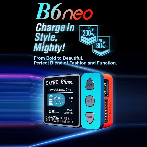 SkyRC B6neo Intelligens töltő DC 200W 10A PD 80W LiPo akkumulátor, Kiegyensúlyozó töltő Compact 6S, Töltő kisütő