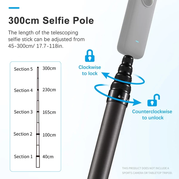 Camnoon 3 méteres teleszkópos szelfi bottal ellátott szénszálas állvány, 4 részes 1/4 hüvelykes csavarral, INSTA360 X2/X3 kompatibilis