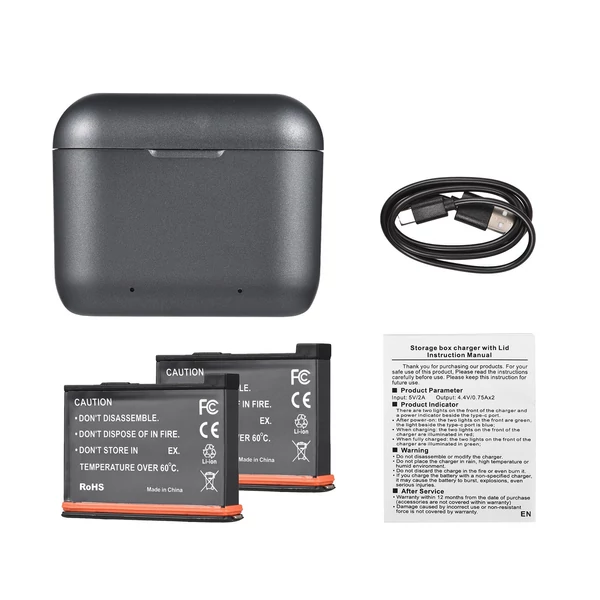 Akkumulátortöltő 2 akkumulátorcsatornás töltődobozzal, USB-portos zsebtöltő tokkal, 1800 mAh-s akkumulátorokkal, Insta360 X3 kompatibilis