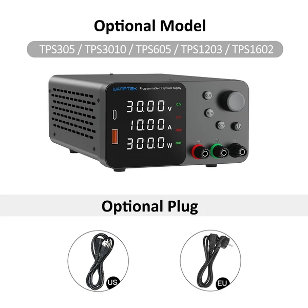 WANPTEK változtatható egyenáramú asztali, állítható kapcsolóüzemű tápegység 4 számjegyű LED kijelzővel, kódoló beállítással és kimenet engedélyező/letiltó gombbal - 120V 3A