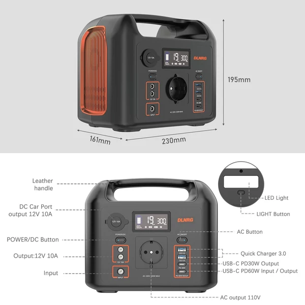 DLNRG PD320 hordozható napelemes generátor külső akkumulátor 320 Wh/12,8 V LiFePO4 300 W tiszta szinuszos maximális kimenet 8 portos tápellátással