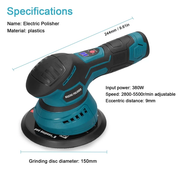 6 hüvelykes akkus excenter autópolírozó 8 állítható sebességfokozatú többfunkciós fém gyantázó fa csiszoló rozsda eltávolító gép - 18 részes, 2 akkumulátor