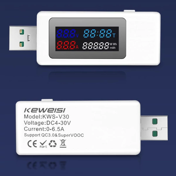 KWS-V30 USB teljesítménymérő teszter 6 az 1-ben áramfeszültség kapacitás kikapcsolás memória funkcióval - Fekete