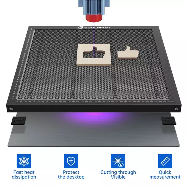 SCULPFUN S30 5W lézergravírozó automata levegő-rásegítő rendszerrel és 400x400 mm-es méhsejt táblával