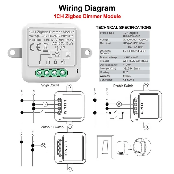 Zigbee Dimmer Switch Module App távirányítós függönykapcsoló működik az Alexa Google Home szolgáltatással – 1 csoportkapcsoló