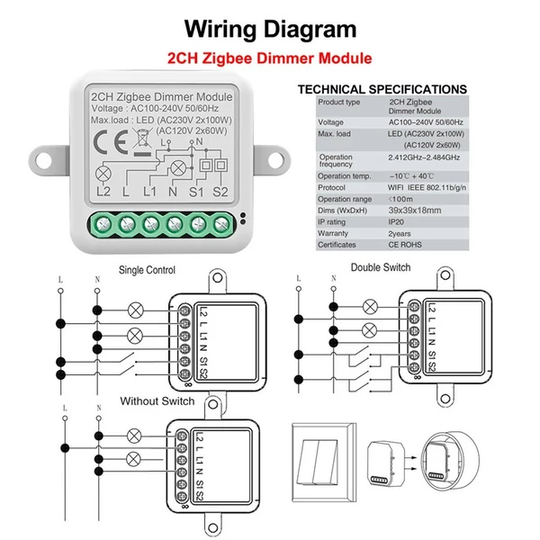 Zigbee Dimmer Switch Module App távirányítós függönykapcsoló működik az Alexa Google Home szolgáltatással – 2 csoportkapcsoló