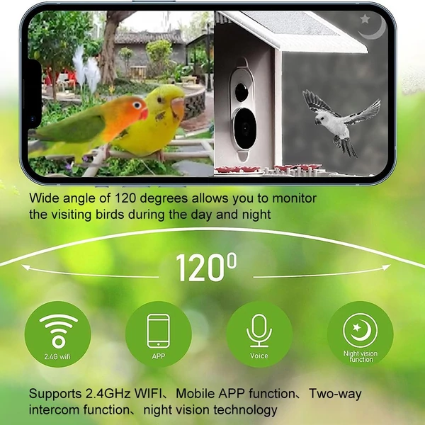 WIFI napelemes intelligens madáretető 1080p éjjellátó kamerával, madárfajok azonosítása, mozgásérzékelés valós idejű értesítés APP csatlakozással 5200 mAh akkumulátor