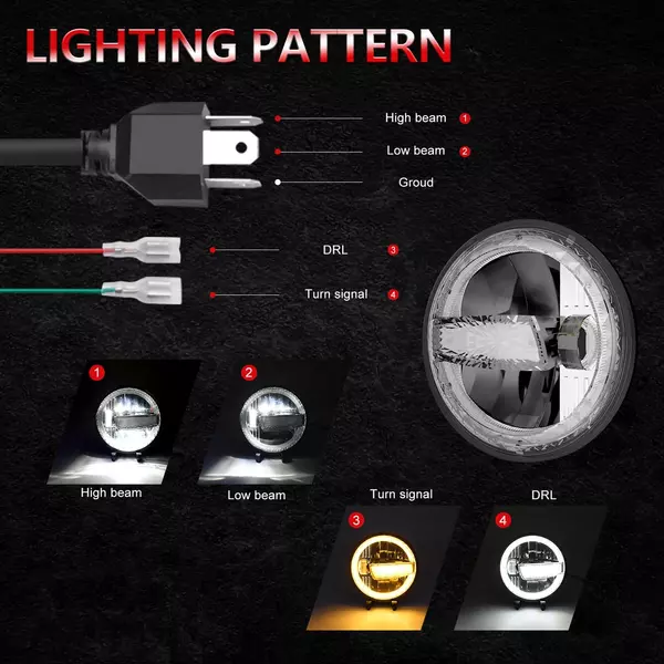 7 hüvelykes autós LED-es fényszórók távolsági/tompított fénnyel DRL 6000K/3000K 300W vízálló kerek fényszórókkal