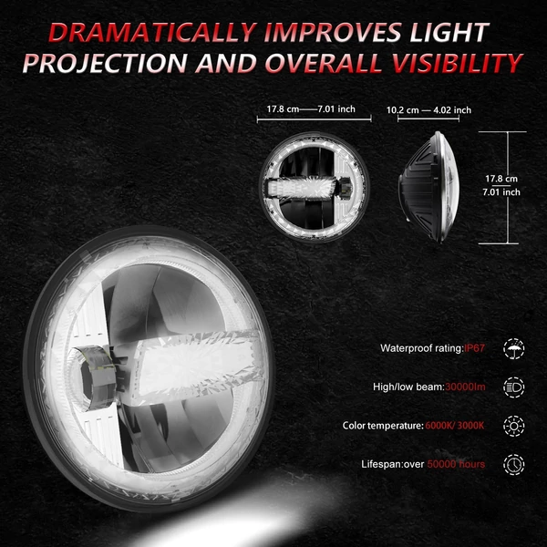 7 hüvelykes autós LED-es fényszórók távolsági/tompított fénnyel DRL 6000K/3000K 300W vízálló kerek fényszórókkal